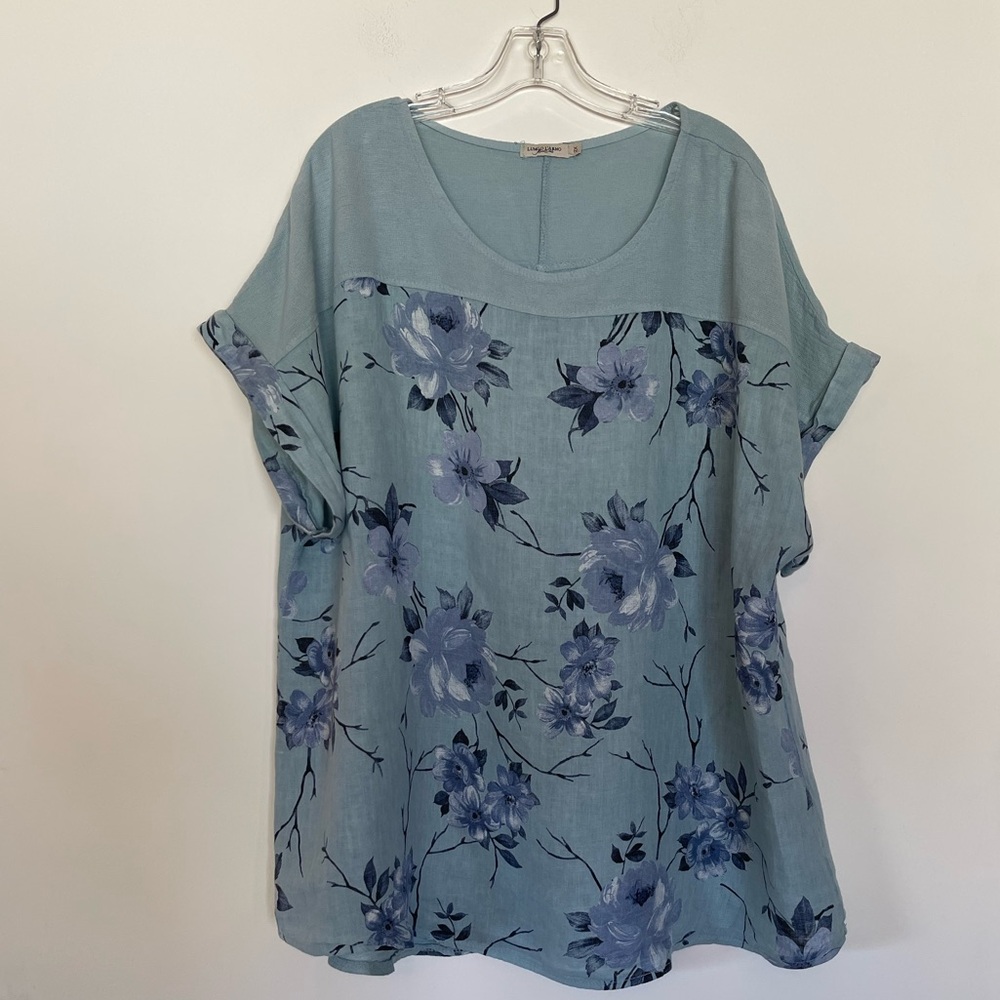 Lungo L'arno Made in Italy 2x Linen Boxy Top Dusty Blue Floral Print Shabby Chic
